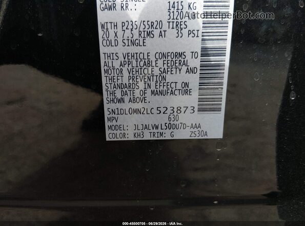 5N1DL0MN2LC523873 2020 INFINITI QX60 Black Вид підкапотного простору
