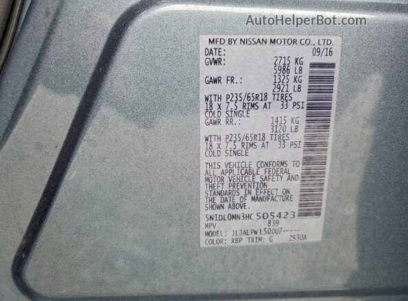 5N1DL0MN3HC505423 2017 INFINITI QX60 Blue VIN կոդի պիտակի տեսք