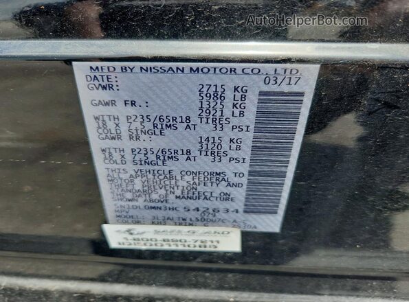 5N1DL0MN3HC542634 2017 INFINITI QX60 Black Vista de la etiqueta del VIN