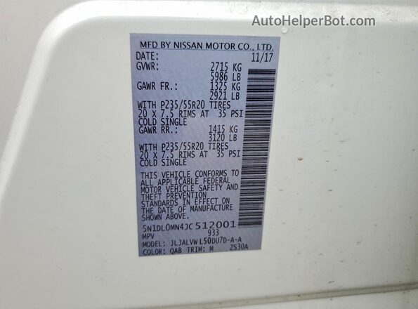 5N1DL0MN4JC512001 2018 INFINITI QX60 White Սալոնի 360 աստիճան տեսք