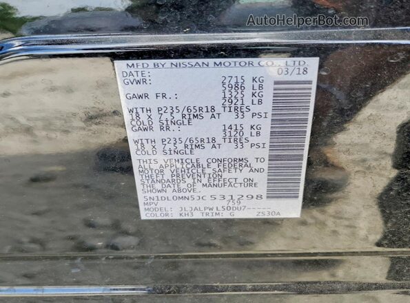 5N1DL0MN5JC531298 2018 INFINITI QX60 Black Vista de la etiqueta del VIN