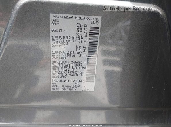5N1DL0MN5LC523348 2020 INFINITI QX60 Gray Engine compartment view