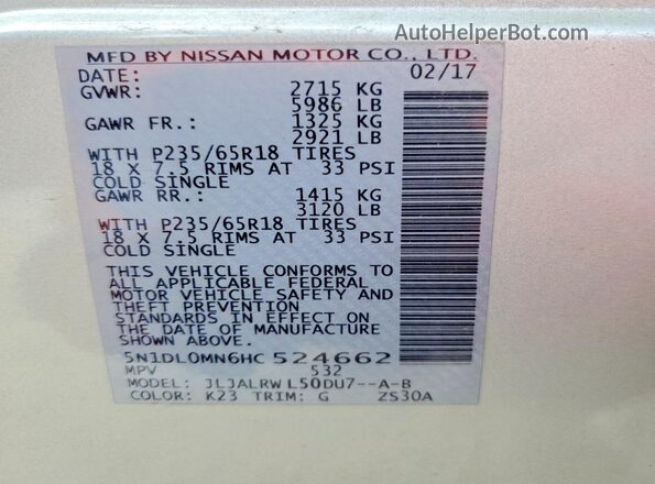 5N1DL0MN6HC524662 2017 INFINITI QX60 Silver Widok naklejki z numerem VIN