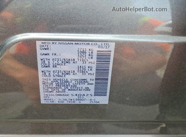 5N1DL0MN6HC540425 2017 INFINITI QX60 Gray VIN կոդի պիտակի տեսք