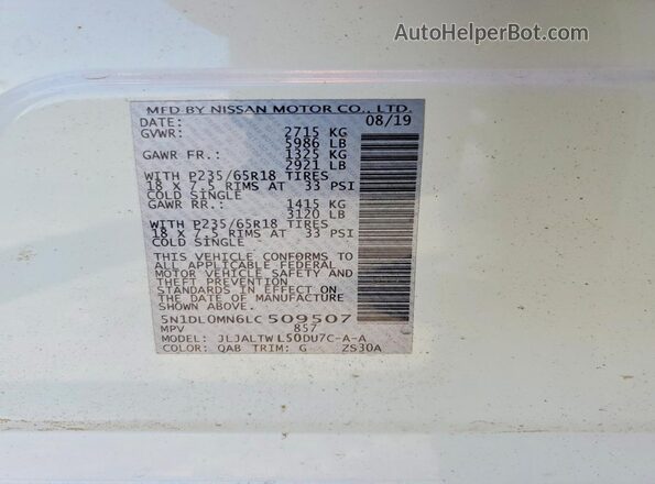 5N1DL0MN6LC509507 2020 INFINITI QX60 Белый Панорамный вид салона 360°