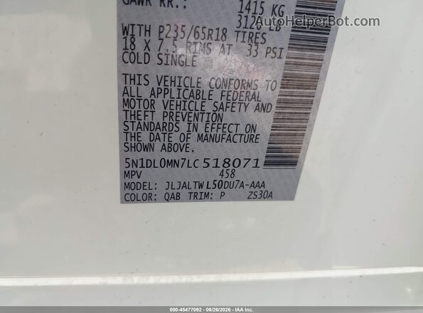 5N1DL0MN7LC518071 2020 INFINITI QX60 White Widok komory silnika