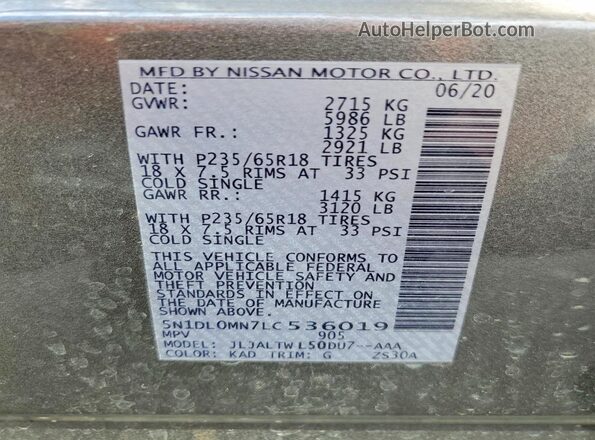 5N1DL0MN7LC536019 2020 INFINITI QX60 Gray Widok naklejki z numerem VIN