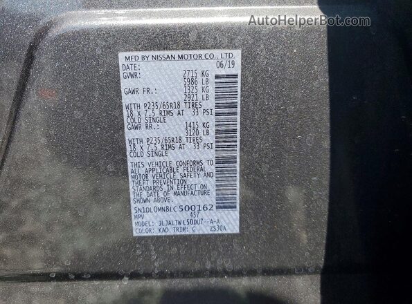 5N1DL0MN8LC500162 2020 INFINITI QX60 Gray VIN კოდის სტიკერის ხედი