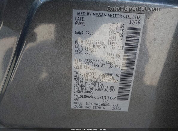 5N1DL0MN9HC509167 2017 INFINITI QX60 Gray Vista del compartimento del motor
