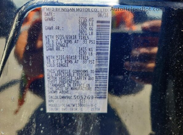 5N1DL0MN9KC505269 2019 INFINITI QX60 Blue Vista de la etiqueta del VIN