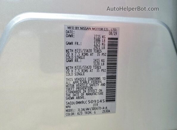 5N1DL0MN9LC509145 2020 INFINITI QX60 Silver Widok naklejki z numerem VIN