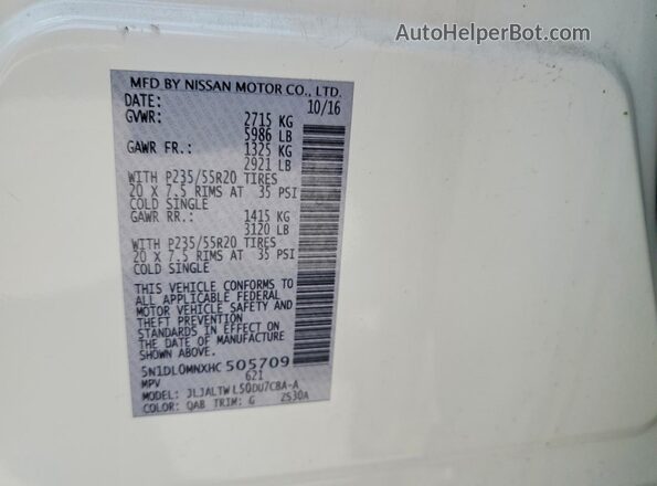 5N1DL0MNXHC505709 2017 INFINITI QX60 White Vista interior de 360 grados