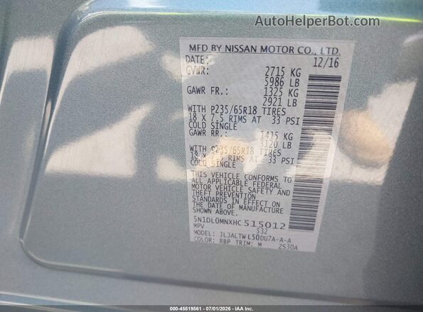 5N1DL0MNXHC515012 2017 INFINITI QX60 Blue Widok komory silnika