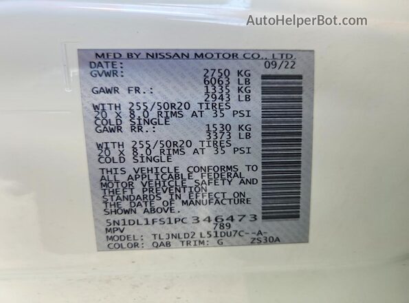 5N1DL1FS1PC346473 2023 INFINITI QX60 White Widok naklejki z numerem VIN