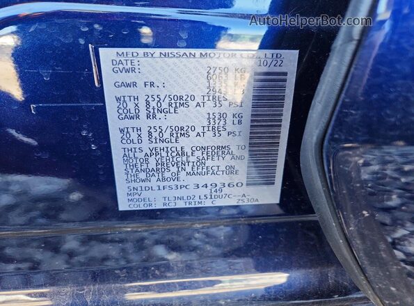 5N1DL1FS3PC349360 2023 INFINITI QX60 Синий Вид наклейки с VIN-кодом