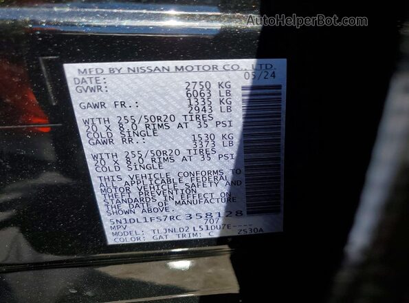 5N1DL1FS7RC358128 2024 INFINITI QX60 Black VIN կոդի պիտակի տեսք