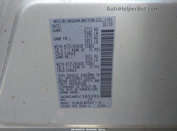 5N1DR2AM0LC585391 2020 NISSAN PATHFINDER Silver Engine compartment view