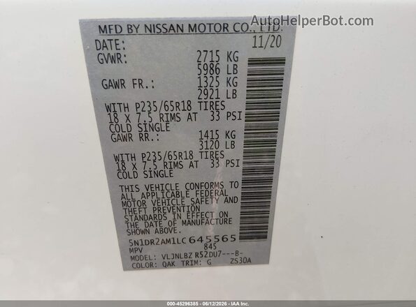 5N1DR2AM1LC645565 2020 NISSAN PATHFINDER White Widok komory silnika