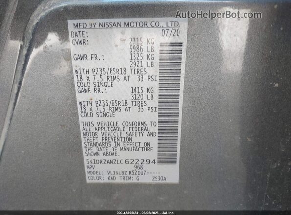5N1DR2AM2LC622294 2020 NISSAN PATHFINDER Gray Widok komory silnika