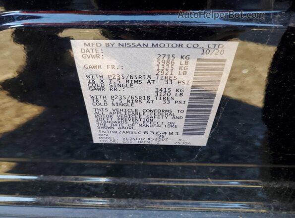 5N1DR2AM5LC636481 2020 NISSAN PATHFINDER Black VIN sticker view
