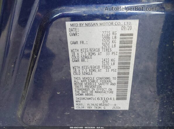 5N1DR2AM7LC631041 2020 NISSAN PATHFINDER Blue Widok komory silnika