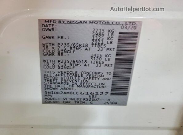 5N1DR2AM8LC616127 2020 NISSAN PATHFINDER White 