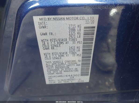5N1DR2AM8LC644302 2020 NISSAN PATHFINDER Blue Engine compartment view