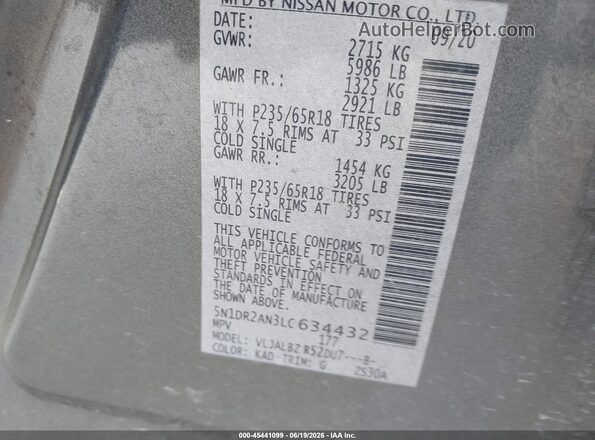 5N1DR2AN3LC634432 2020 NISSAN PATHFINDER Gray ძრავის განყოფილების ხედი