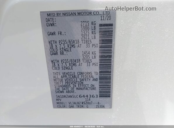 5N1DR2AN5LC644363 2020 NISSAN PATHFINDER White Vista del compartimento del motor