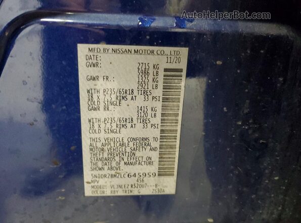 5N1DR2BM2LC645959 2020 NISSAN PATHFINDER Blue Vista de la etiqueta del VIN