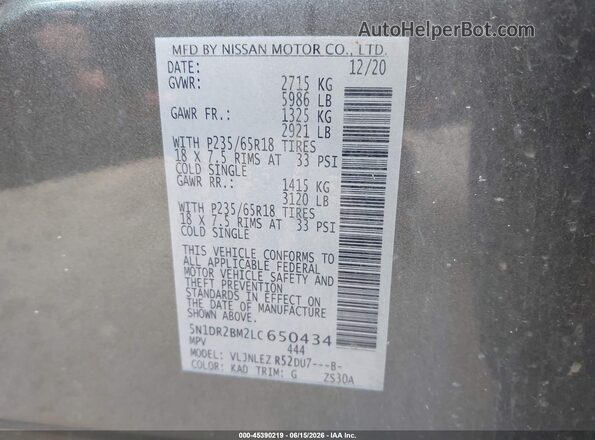 5N1DR2BM2LC650434 2020 NISSAN PATHFINDER Gray Widok komory silnika