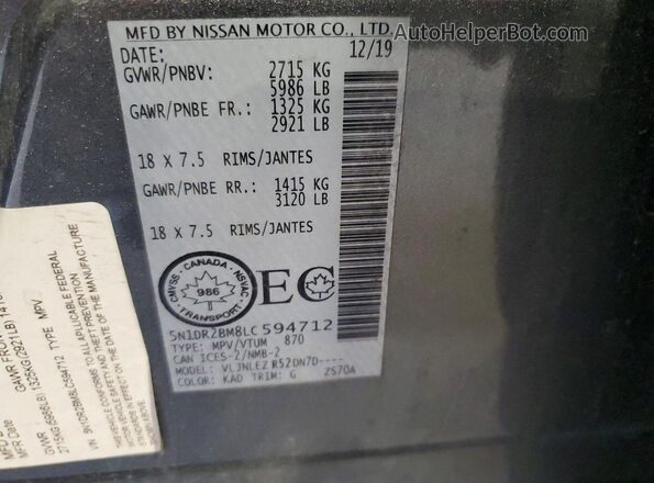 5N1DR2BM8LC594712 2020 NISSAN PATHFINDER Gray Вид наклейки з VIN-кодом