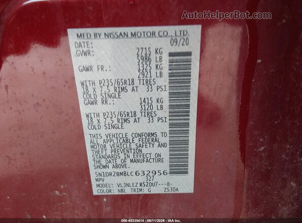 5N1DR2BM8LC632956 2020 NISSAN PATHFINDER Burgundy Engine compartment view