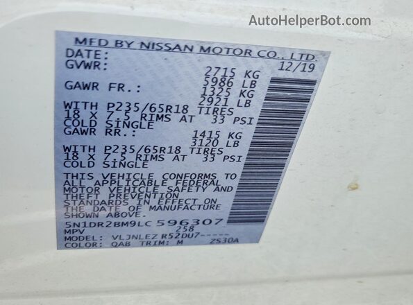 5N1DR2BM9LC596307 2020 NISSAN PATHFINDER White 