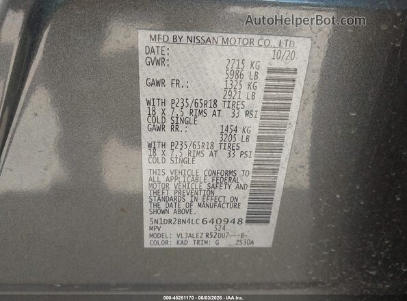 5N1DR2BN4LC640948 2020 NISSAN PATHFINDER Gray Vista del compartimento del motor