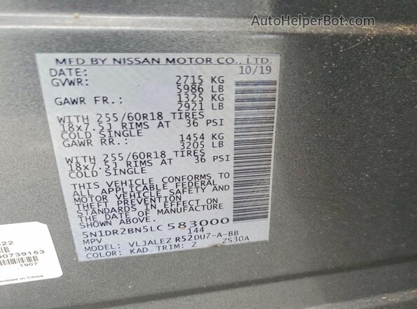 5N1DR2BN5LC583000 2020 NISSAN PATHFINDER Charcoal Вид наклейки з VIN-кодом