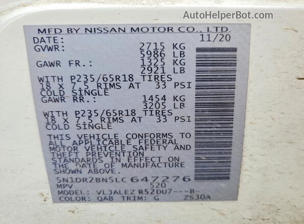 5N1DR2BN5LC647276 2020 NISSAN PATHFINDER Белый 
