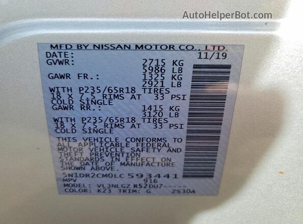 5N1DR2CM0LC593441 2020 NISSAN PATHFINDER Silver VIN կոդի պիտակի տեսք