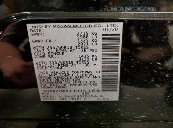 5N1DR2CM0LC605166 2020 NISSAN PATHFINDER Black Vista interior de 360 grados