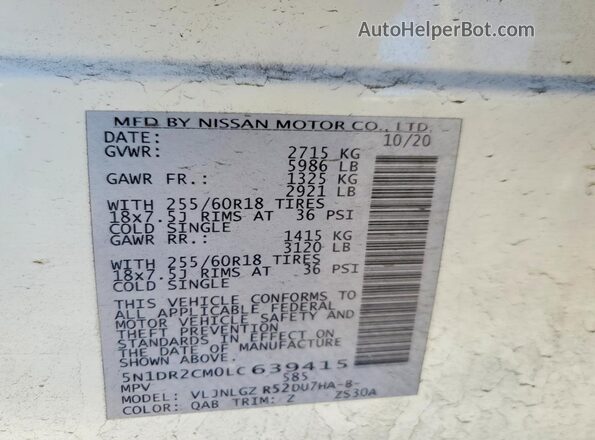 5N1DR2CM0LC639415 2020 NISSAN PATHFINDER White Вид наклейки з VIN-кодом