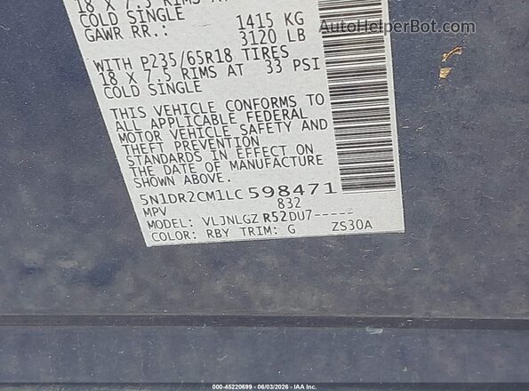 5N1DR2CM1LC598471 2020 NISSAN PATHFINDER Blue Widok komory silnika