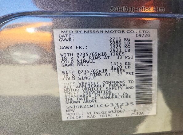 5N1DR2CM1LC633235 2020 NISSAN PATHFINDER Gray Панорамний вид салону 360°