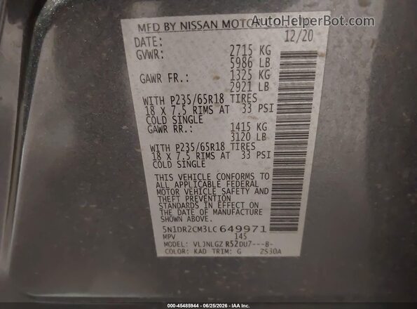 5N1DR2CM3LC649971 2020 NISSAN PATHFINDER Gray ძრავის განყოფილების ხედი
