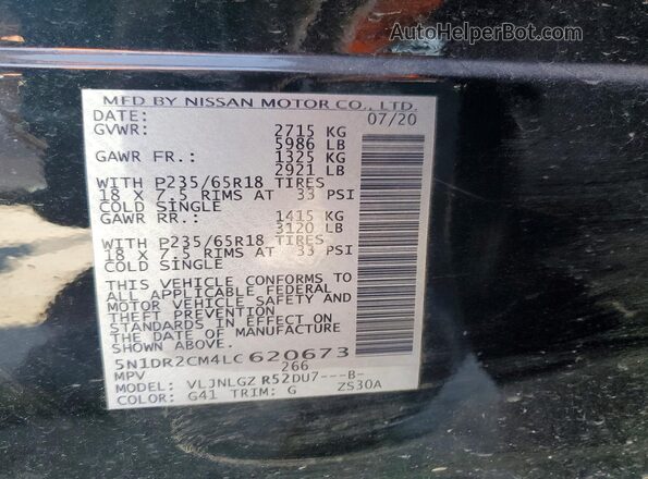 5N1DR2CM4LC620673 2020 NISSAN PATHFINDER Black VIN կոդի պիտակի տեսք