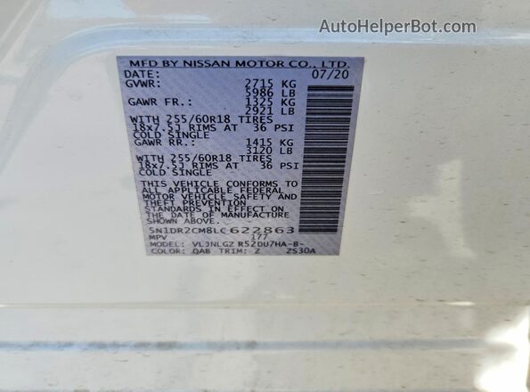 5N1DR2CM8LC622863 2020 NISSAN PATHFINDER White Widok naklejki z numerem VIN