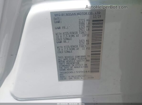 5N1DR2CM9LC599044 2020 NISSAN PATHFINDER White ძრავის განყოფილების ხედი