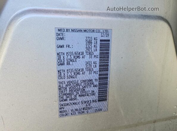 5N1DR2CMXLC599196 2020 NISSAN PATHFINDER Silver Widok wnętrza 360 stopni