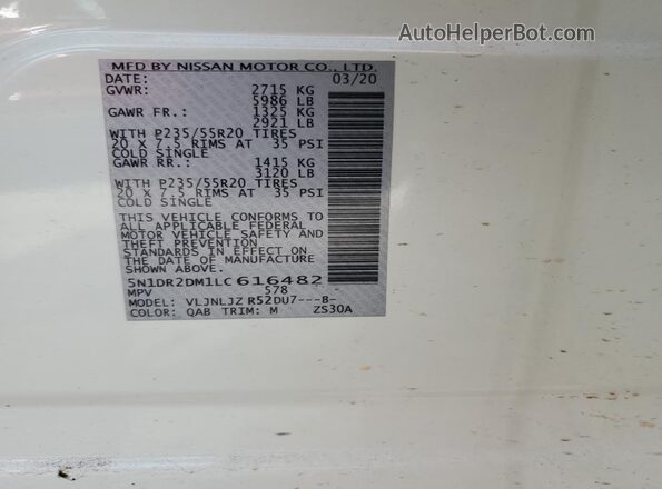5N1DR2DM1LC616482 2020 NISSAN PATHFINDER White VIN კოდის სტიკერის ხედი