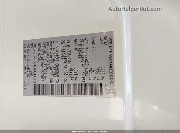 5N1DR2DN0LC646033 2020 NISSAN PATHFINDER Белый Вид подкапотного пространства