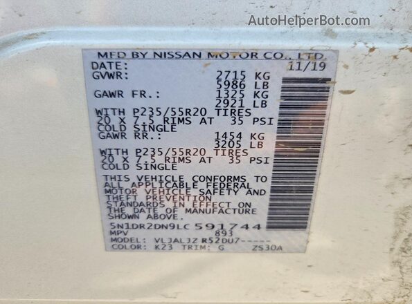 5N1DR2DN9LC591744 2020 NISSAN PATHFINDER Silver VIN կոդի պիտակի տեսք